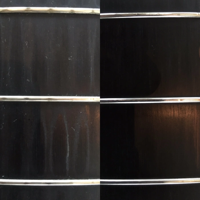 MN105: Fretboard F-ONE Oil - Cleaner & Conditioner before and after shot using F-ONE on unfinished ebony fretboard
