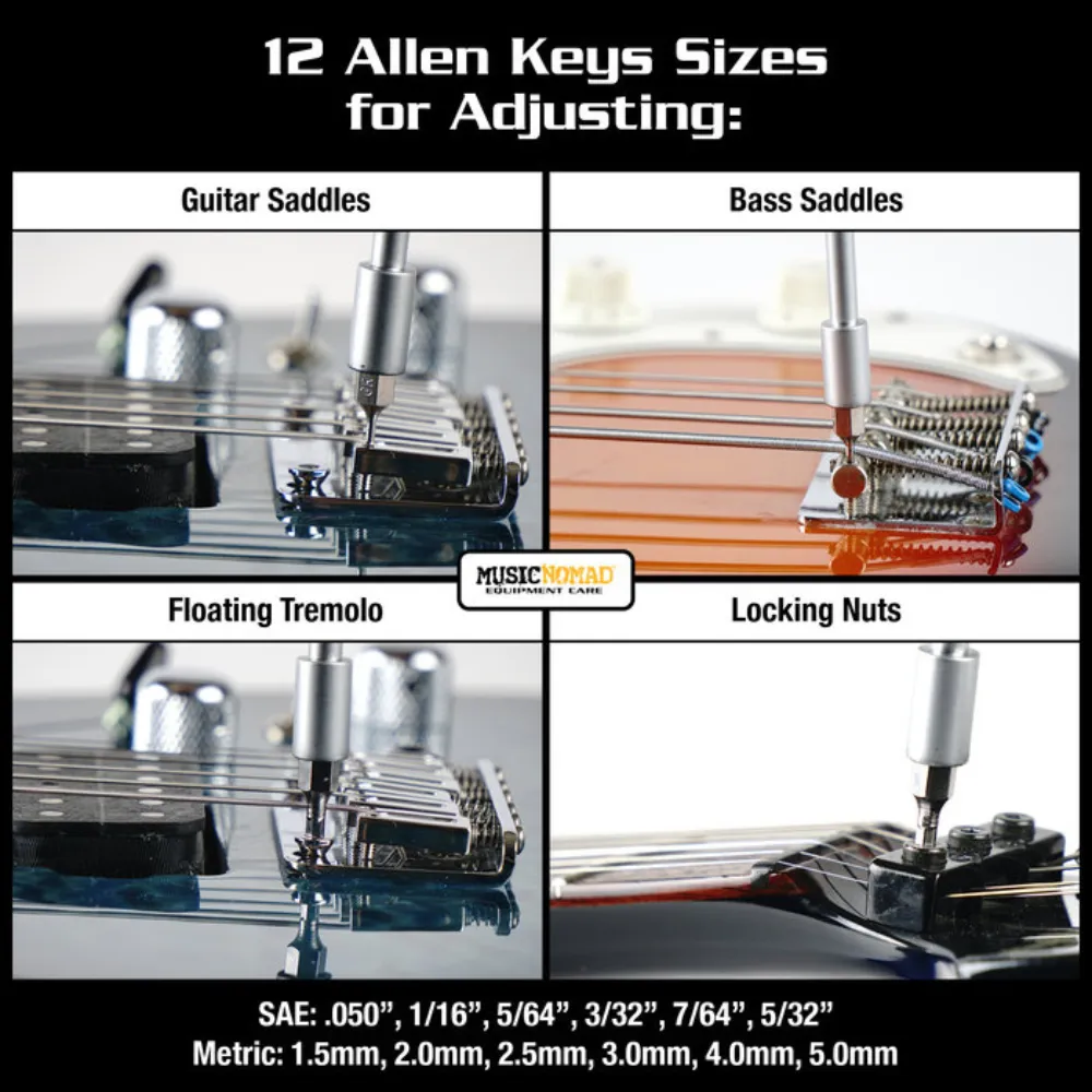 12 Allen Key Sizes for adjusting Guitar Saddles, Bass Saddles, Floating Tremolos, Locking Nuts