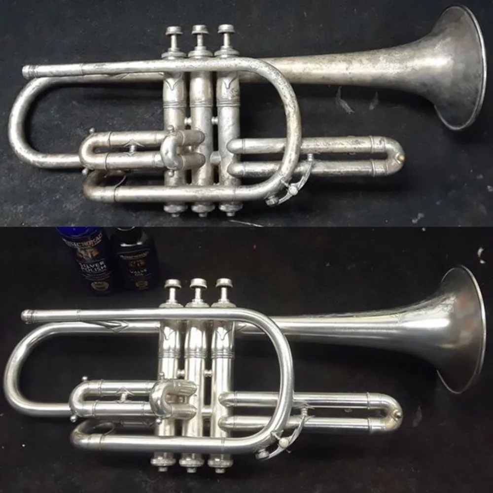 before and after using silver polish on a trumpet